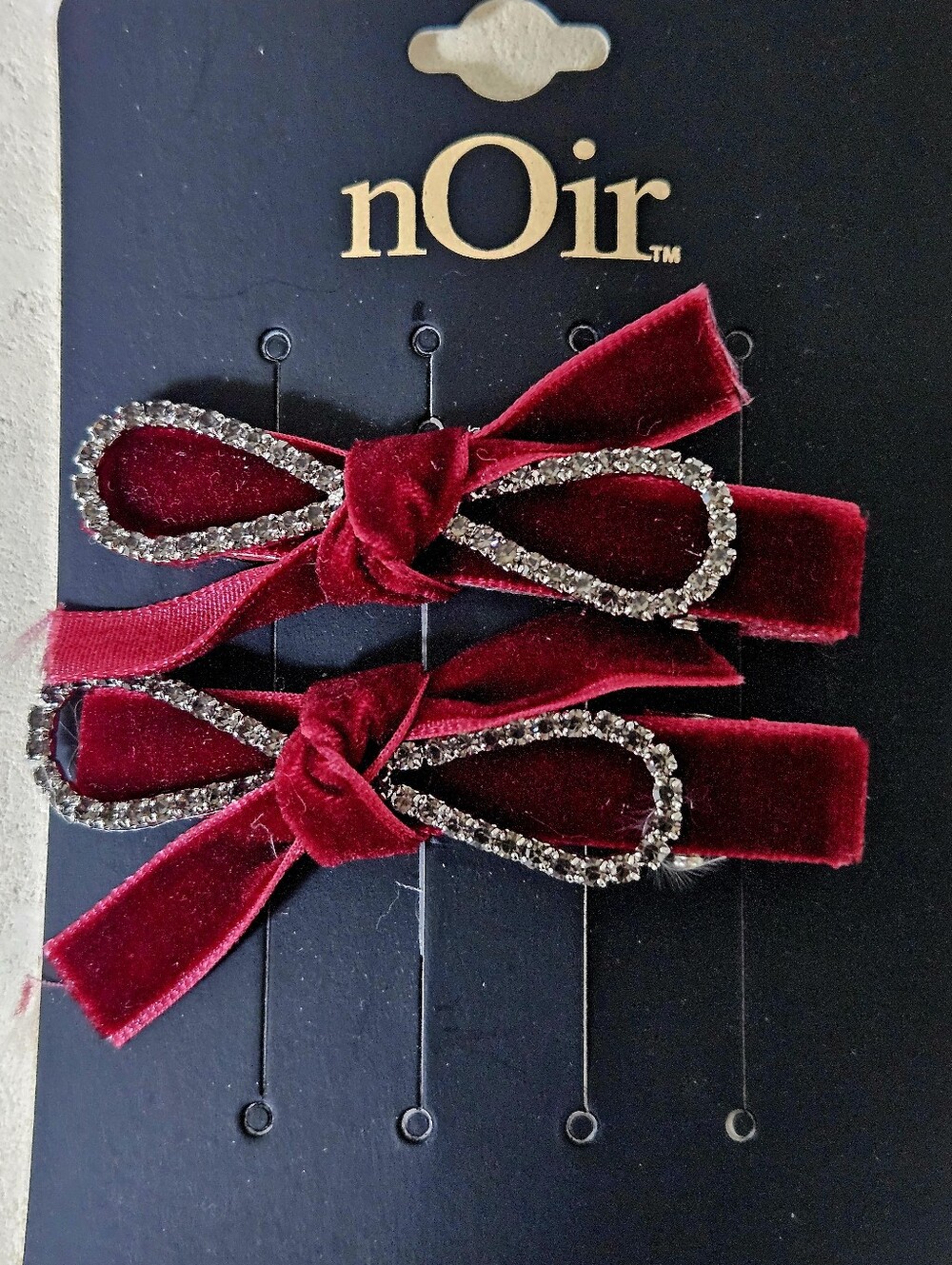 nOir Jewelry Burgundy Velvet Bow Hair Clips with Rhinestone Edge NWT- Set Of 2